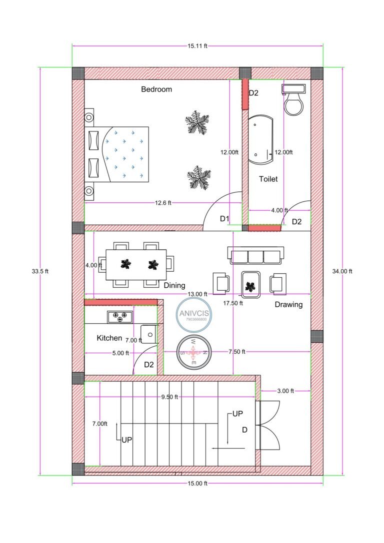 15x35 east-facing 1BHK house plan with northeast entrance, southeast kitchen, northwest bedroom and toilet, south staircase, drawing and dining layout.