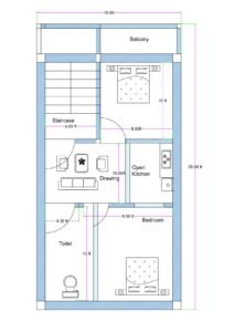15x35 north-facing 2BHK house plan with northeast and southwest bedrooms, southwest toilet, central open kitchen with drawing room, and northwest staircase as per Vastu.
