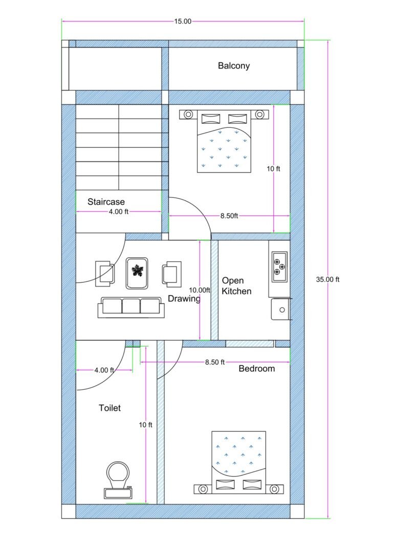 15x35 north-facing 2BHK house plan with northeast and southwest bedrooms, southwest toilet, central open kitchen with drawing room, and northwest staircase as per Vastu.
