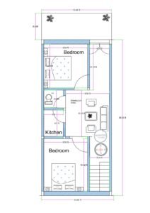 15x42 north-facing compact 2BHK house plan with 15x6 ft front lawn, 15x36 built-up area, two bedrooms, kitchen, toilet, drawing room, and rear staircase.