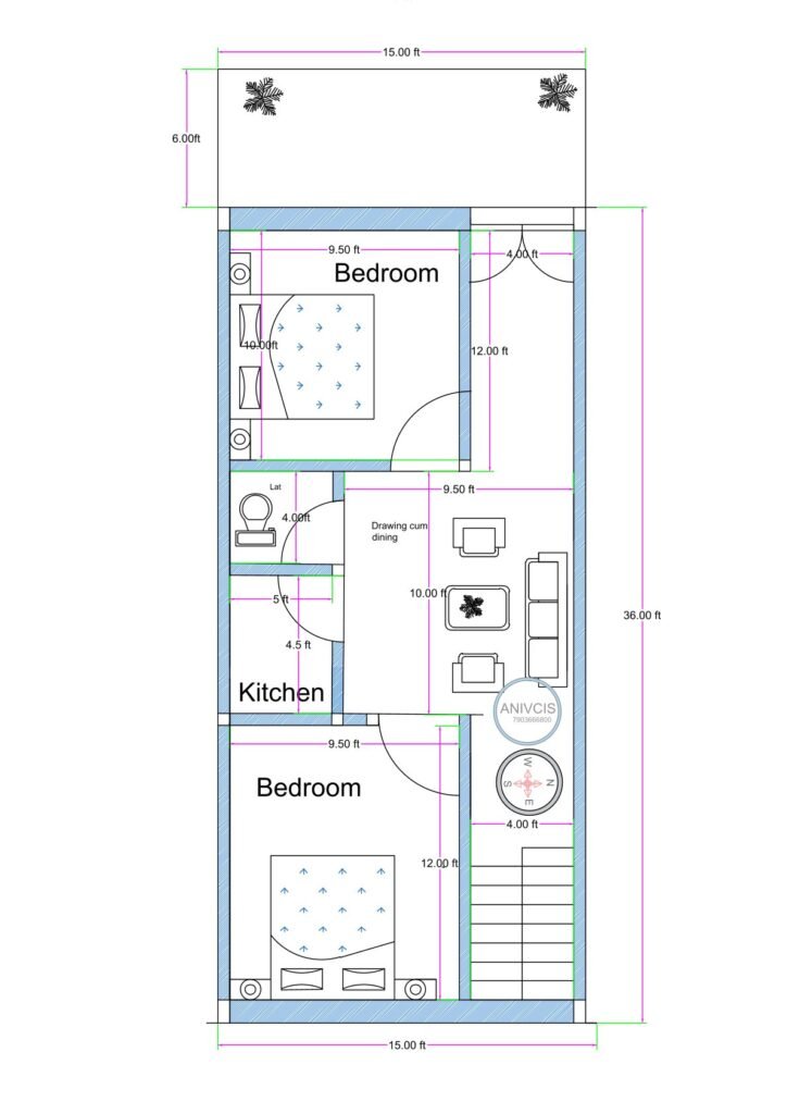 15x42 north-facing compact 2BHK house plan with 15x6 ft front lawn, 15x36 built-up area, two bedrooms, kitchen, toilet, drawing room, and rear staircase.