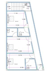 Trapezoidal lodge floor plan on 15x43 ft plot with three bedrooms, three toilets, staircase, and compact corridor layout.