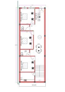 15x75 feet southeast-facing 3BHK house plan with three bedrooms, two toilets, kitchen, dining area, balcony, and staircase layout.