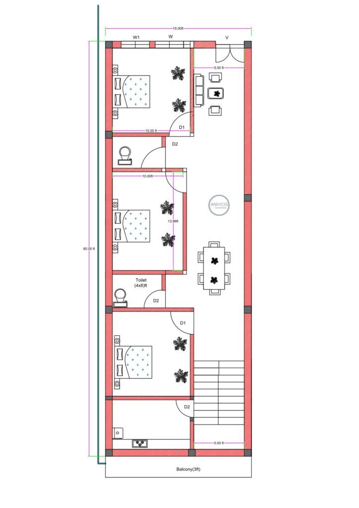 15x75 feet southeast-facing 3BHK house plan with three bedrooms, two toilets, kitchen, dining area, balcony, and staircase layout.