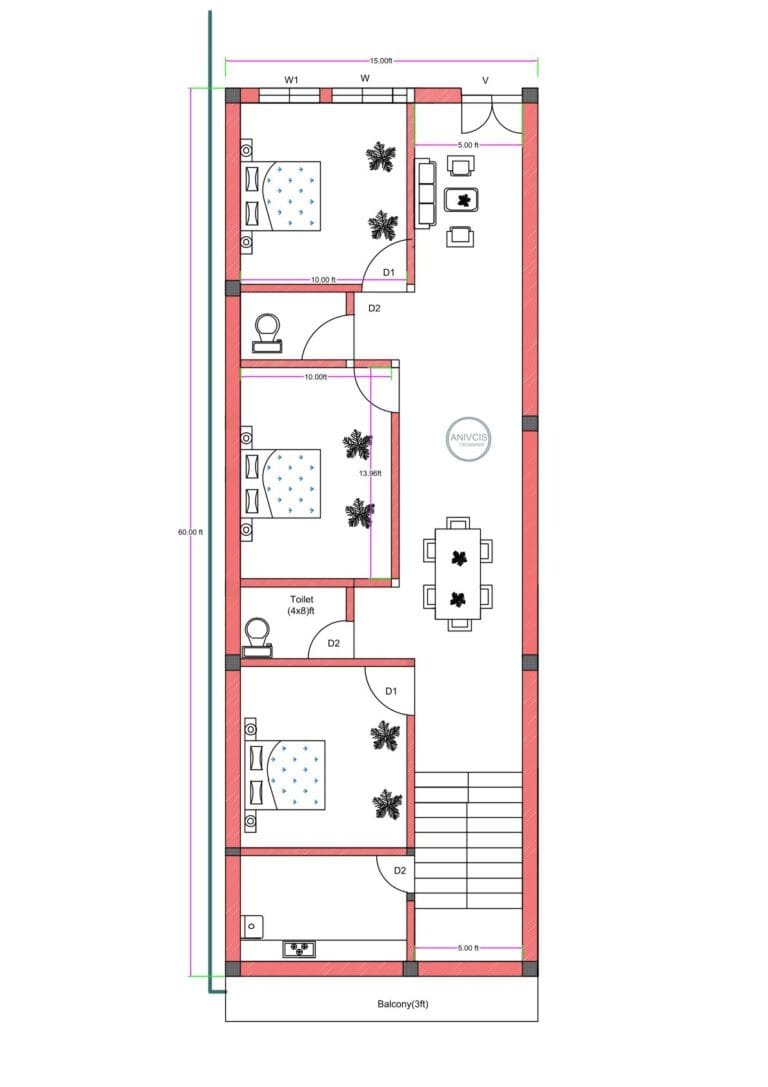 15x75 feet southeast-facing 3BHK house plan with three bedrooms, two toilets, kitchen, dining area, balcony, and staircase layout.
