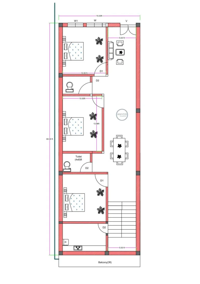 15x75 feet southeast-facing 3BHK house plan with three bedrooms, two toilets, kitchen, dining area, balcony, and staircase layout.