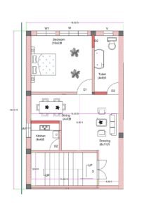 16.5x26 feet east-facing 1BHK house plan with Vastu-compliant layout, bedroom, attached toilet, kitchen, drawing, dining, and internal staircase.