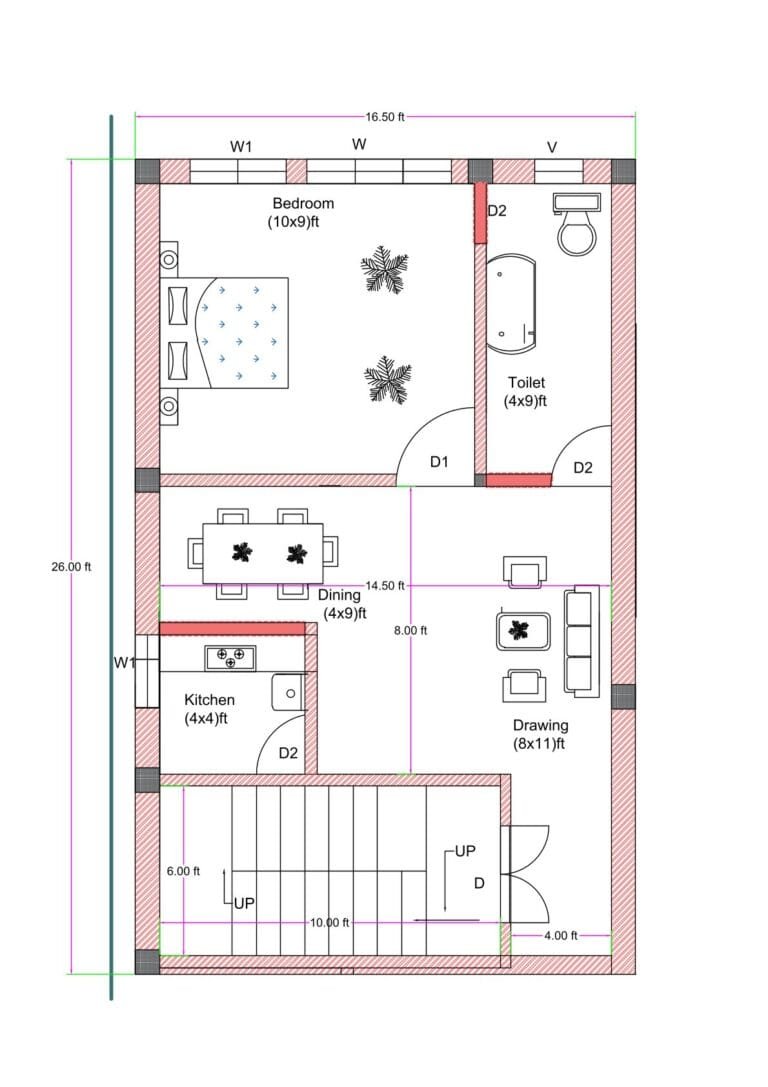 16.5x26 feet east-facing 1BHK house plan with Vastu-compliant layout, bedroom, attached toilet, kitchen, drawing, dining, and internal staircase.