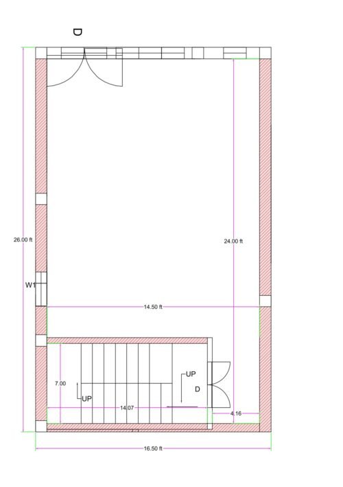 16.50x26 feet ground floor plan showing front car parking area, main entrance door at the front, and staircase positioned at the rear side of the house layout.