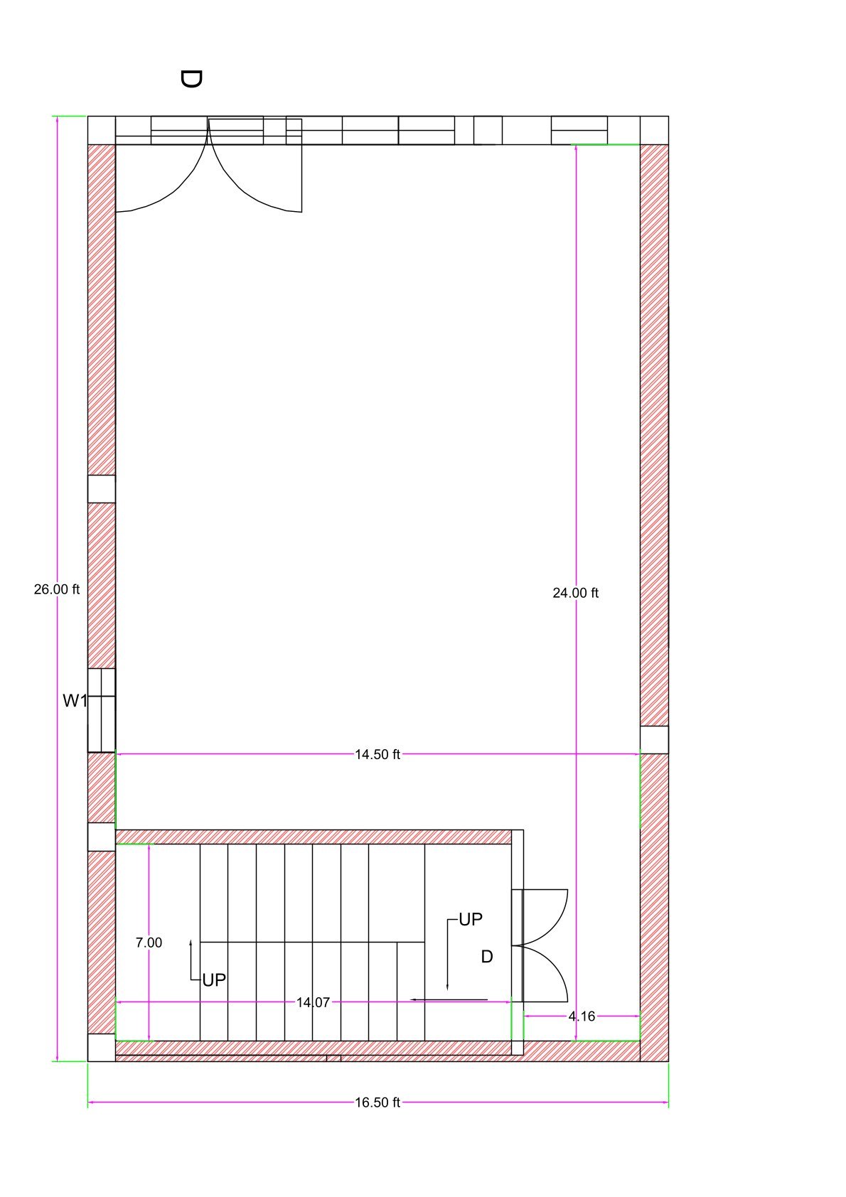 16.50x26 feet ground floor plan showing front car parking area, main entrance door at the front, and staircase positioned at the rear side of the house layout.