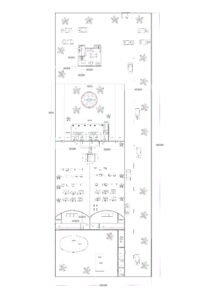 “2D floor plan of a 165×450 ft multipurpose resort layout featuring a large marriage hall, hotel rooms, restaurant area, swimming pool, landscaped park zones, central fountain, vehicle parking spaces, outdoor seating, and circulation paths. The design shows multiple functional zones including ceremonial areas, dining zones, hotel accommodation, event space, and recreation areas within a long rectangular site.”