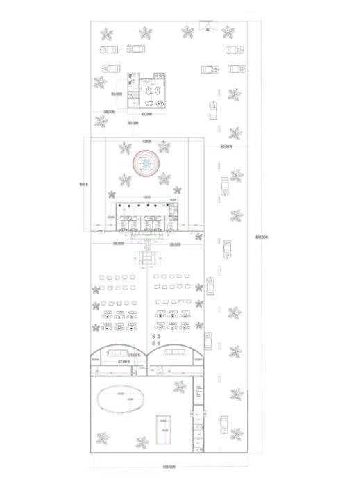 “2D floor plan of a 165×450 ft multipurpose resort layout featuring a large marriage hall, hotel rooms, restaurant area, swimming pool, landscaped park zones, central fountain, vehicle parking spaces, outdoor seating, and circulation paths. The design shows multiple functional zones including ceremonial areas, dining zones, hotel accommodation, event space, and recreation areas within a long rectangular site.”