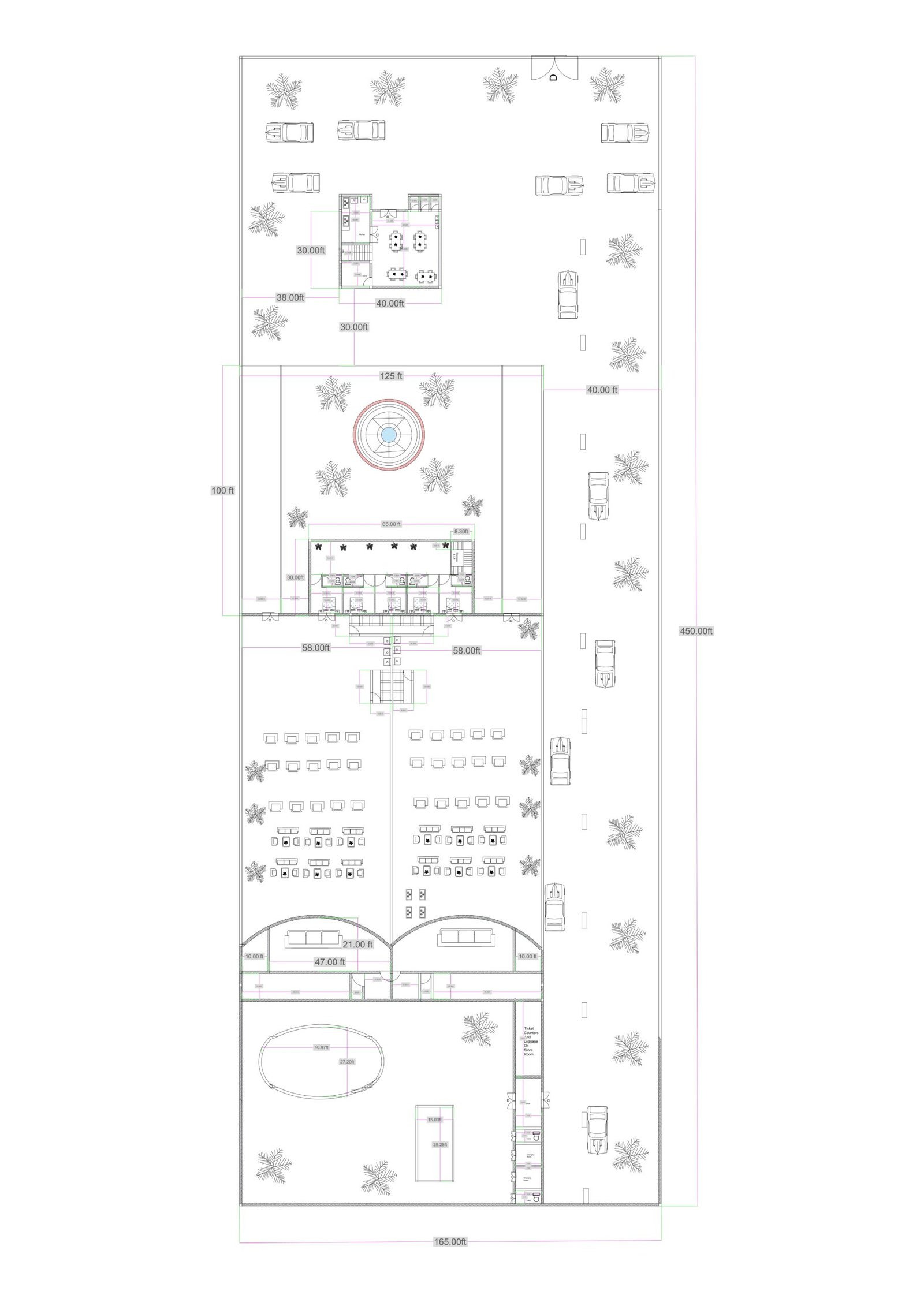“2D floor plan of a 165×450 ft multipurpose resort layout featuring a large marriage hall, hotel rooms, restaurant area, swimming pool, landscaped park zones, central fountain, vehicle parking spaces, outdoor seating, and circulation paths. The design shows multiple functional zones including ceremonial areas, dining zones, hotel accommodation, event space, and recreation areas within a long rectangular site.”