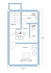 16x24 feet 1BHK ground floor house plan featuring rear staircase, front bedroom, central drawing room, kitchen beside staircase, and attached toilet layout.