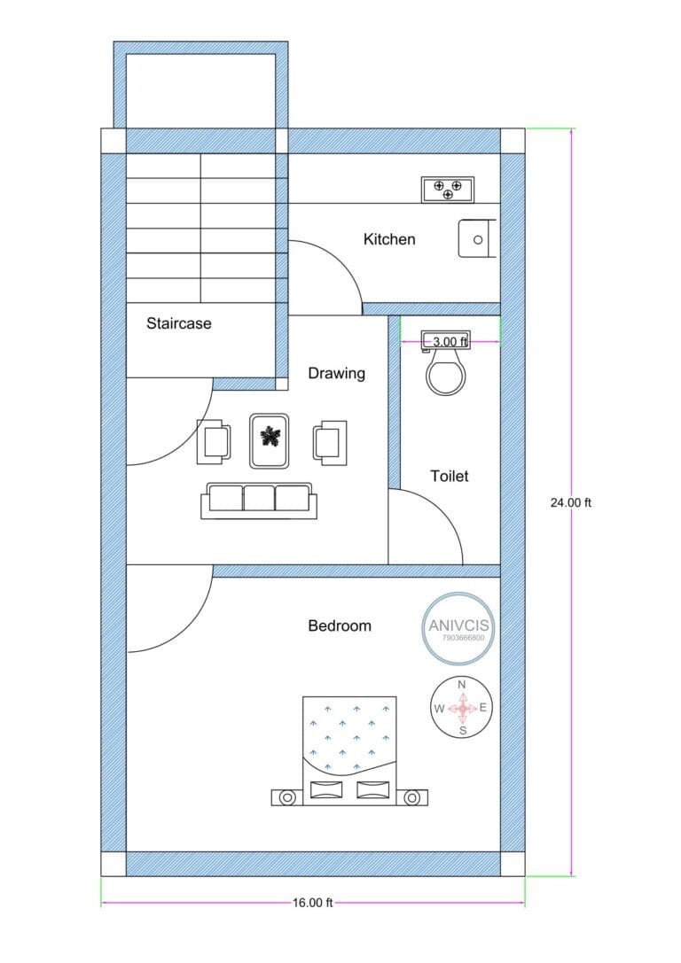 16x24 feet 1BHK ground floor house plan featuring rear staircase, front bedroom, central drawing room, kitchen beside staircase, and attached toilet layout.