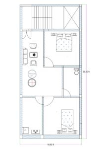 16x30 feet 2BHK house plan featuring rear staircase, two bedrooms, central drawing room, separate kitchen, and attached toilet layout for narrow residential plot.