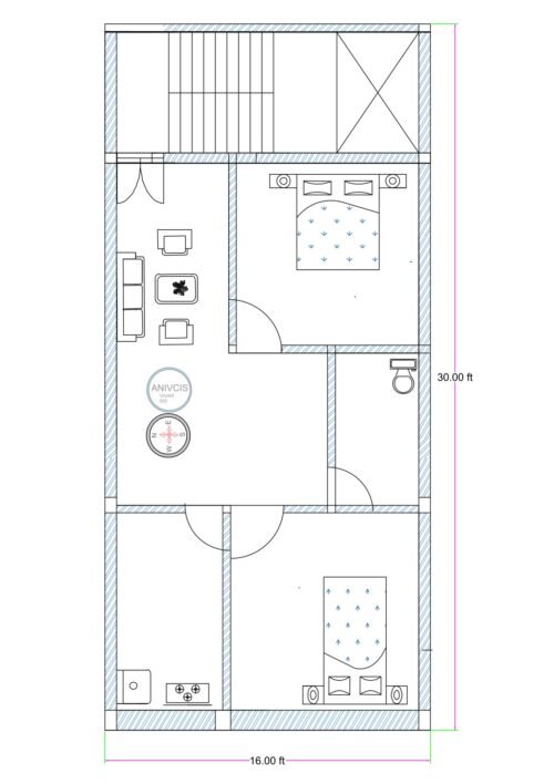 16x30 feet 2BHK house plan featuring rear staircase, two bedrooms, central drawing room, separate kitchen, and attached toilet layout for narrow residential plot.