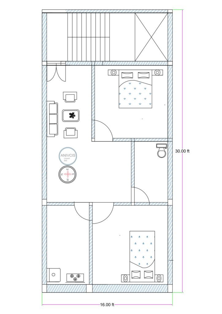 16x30 feet 2BHK house plan featuring rear staircase, two bedrooms, central drawing room, separate kitchen, and attached toilet layout for narrow residential plot.