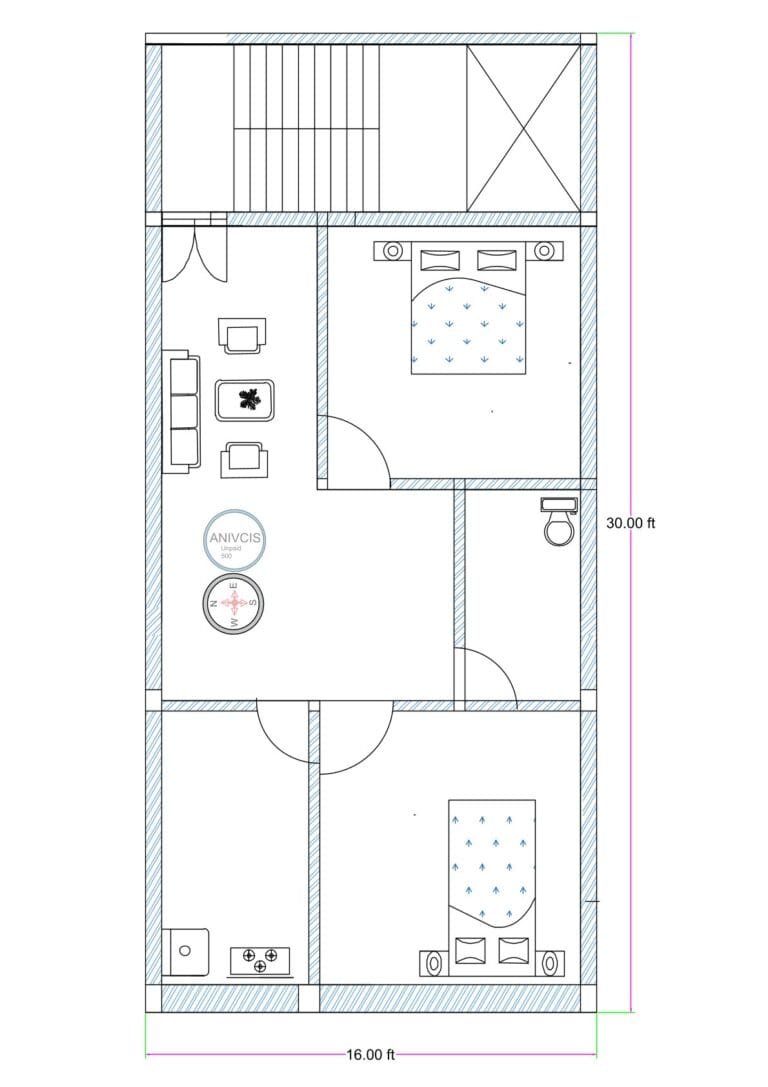16x30 feet 2BHK house plan featuring rear staircase, two bedrooms, central drawing room, separate kitchen, and attached toilet layout for narrow residential plot.