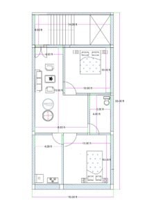 16x33 feet west-facing 2BHK house plan with rear staircase, two bedrooms, central drawing room, kitchen at front, and common toilet layout.