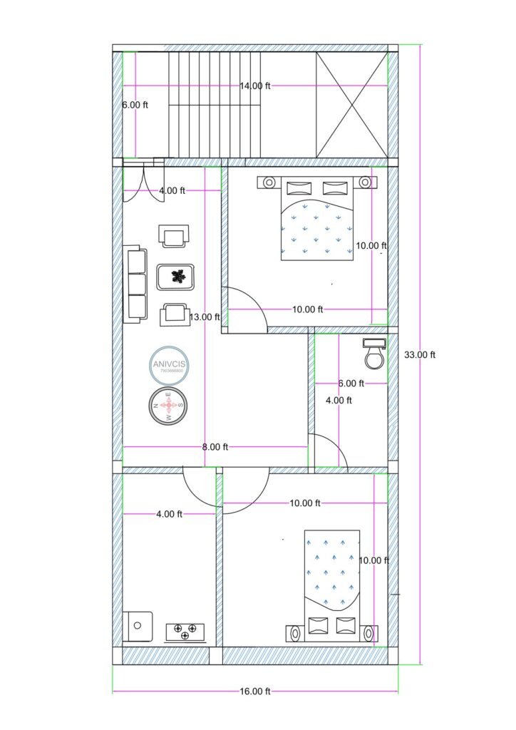 16x33 feet west-facing 2BHK house plan with rear staircase, two bedrooms, central drawing room, kitchen at front, and common toilet layout.