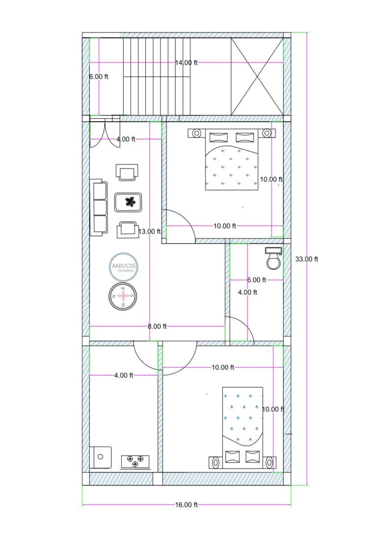 16x33 feet west-facing 2BHK house plan with rear staircase, two bedrooms, central drawing room, kitchen at front, and common toilet layout.