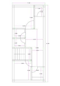 17.33x40 feet 2BHK house plan with central lobby, two bedrooms, separate kitchen, common toilet, and internal staircase layout for a narrow residential plot.