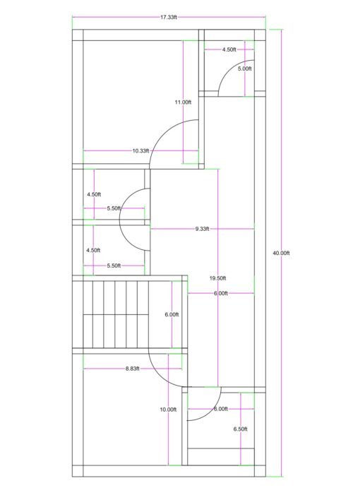 17.33x40 feet 2BHK house plan with central lobby, two bedrooms, separate kitchen, common toilet, and internal staircase layout for a narrow residential plot.