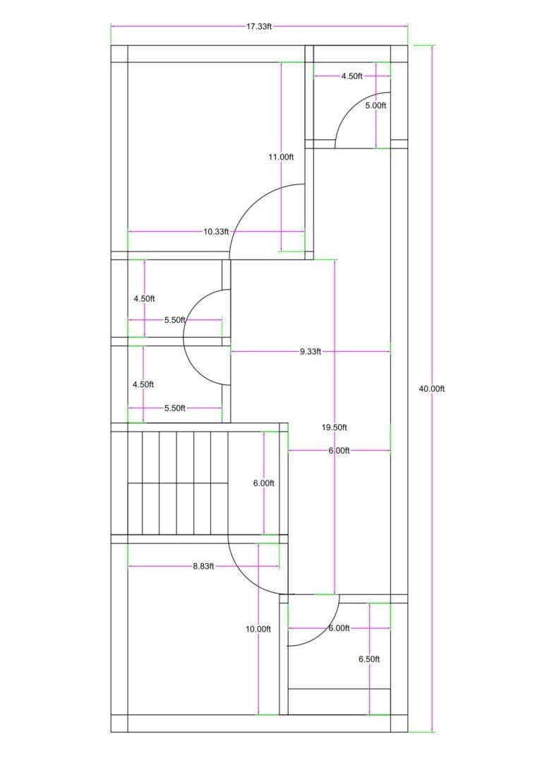 17.33x40 feet 2BHK house plan with central lobby, two bedrooms, separate kitchen, common toilet, and internal staircase layout for a narrow residential plot.