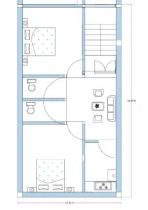 17.33x42 feet 2BHK house plan with two bedrooms, central drawing room, dual toilets, separate kitchen, and side staircase layout for a narrow residential plot.