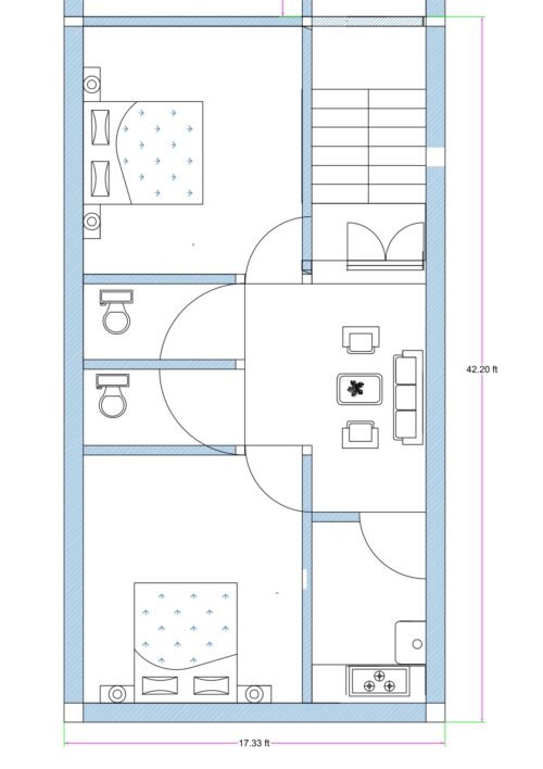 17.33x42 feet 2BHK house plan with two bedrooms, central drawing room, dual toilets, separate kitchen, and side staircase layout for a narrow residential plot.