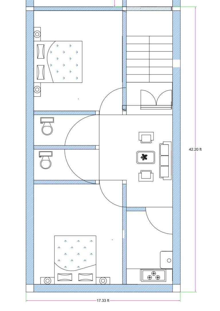 17.33x42 feet 2BHK house plan with two bedrooms, central drawing room, dual toilets, separate kitchen, and side staircase layout for a narrow residential plot.
