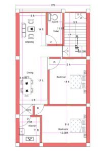 17.5x33.11 feet north-facing 2BHK house plan with front staircase, drawing room, dining area, two 10x10 bedrooms, single toilet, and compact kitchen layout.