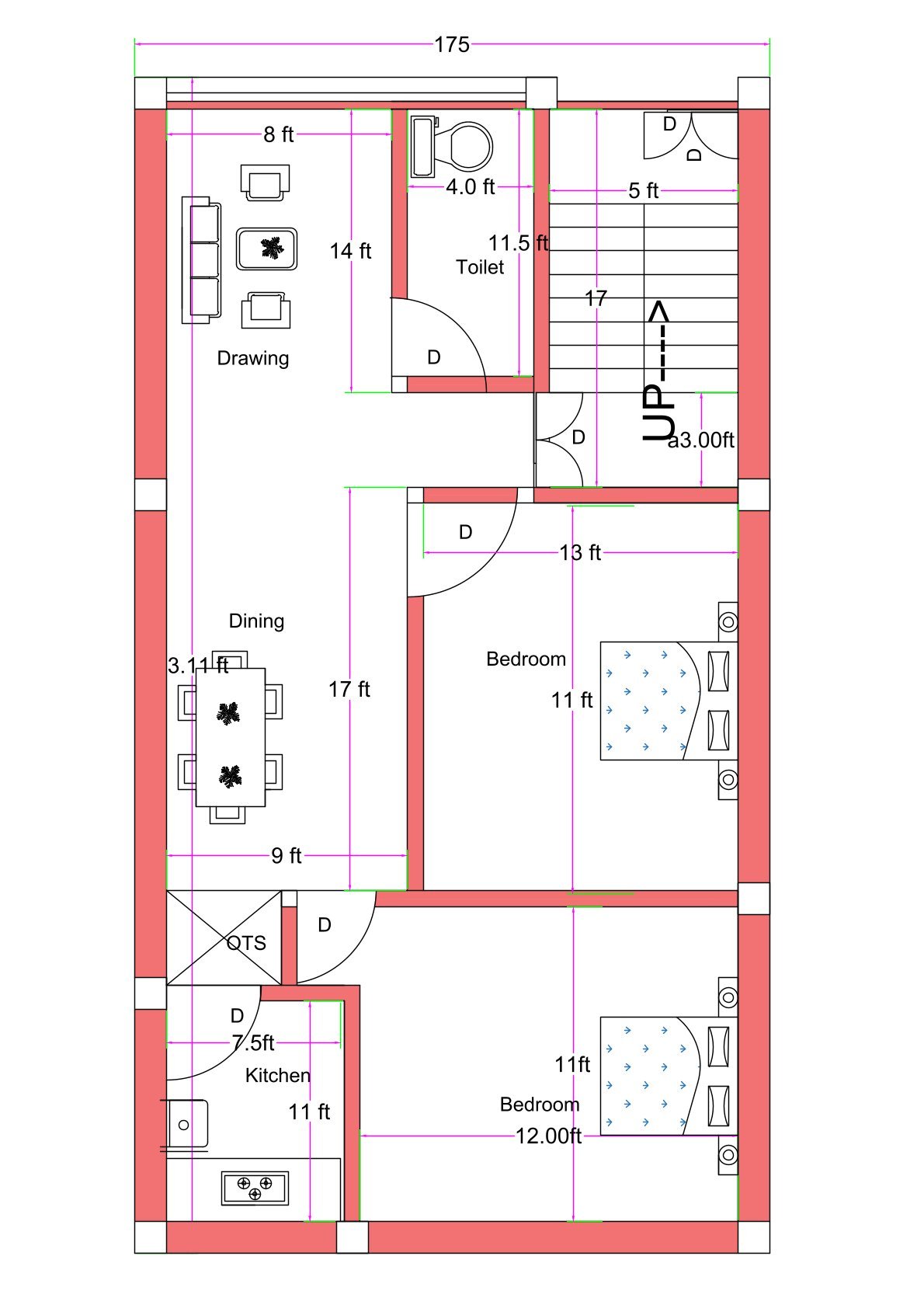 17.5x33.11 feet north-facing 2BHK house plan with front staircase, drawing room, dining area, two 10x10 bedrooms, single toilet, and compact kitchen layout.