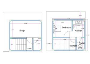 17x16 feet ground and first floor plan featuring ground floor shop with staircase and toilet, and first floor 1BHK layout with bedroom, kitchen, and toilet.