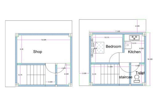 17x16 feet ground and first floor plan featuring ground floor shop with staircase and toilet, and first floor 1BHK layout with bedroom, kitchen, and toilet.