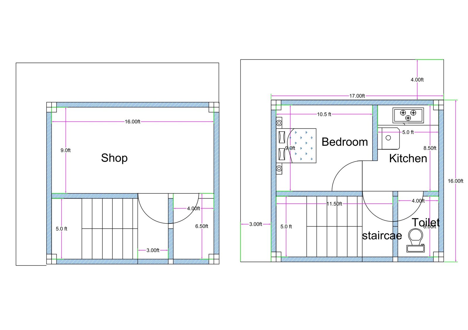17x16 feet ground and first floor plan featuring ground floor shop with staircase and toilet, and first floor 1BHK layout with bedroom, kitchen, and toilet.