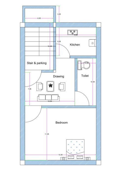 17x30 feet 1BHK house plan with stair and parking area, drawing room, separate kitchen, common toilet, and spacious bedroom layout.