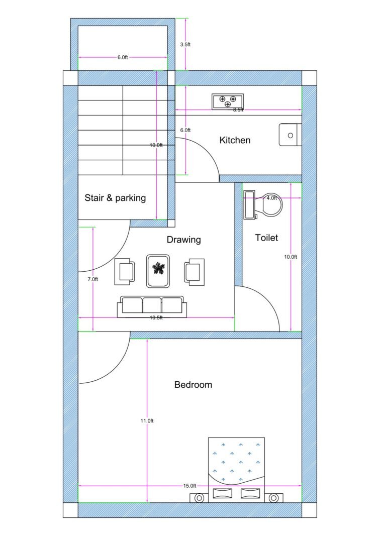 17x30 feet 1BHK house plan with stair and parking area, drawing room, separate kitchen, common toilet, and spacious bedroom layout.