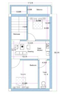 17x30 feet 2BHK house plan with front balcony, side staircase, open kitchen, drawing room, two bedrooms, and common toilet layout.