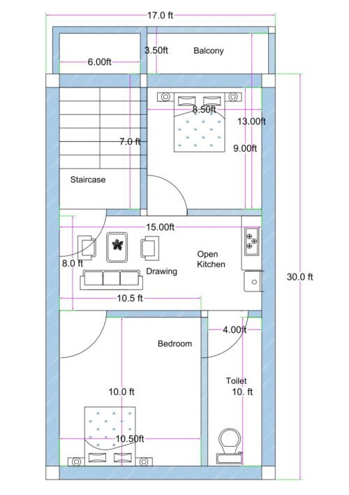 17x30 feet 2BHK house plan with front balcony, side staircase, open kitchen, drawing room, two bedrooms, and common toilet layout.