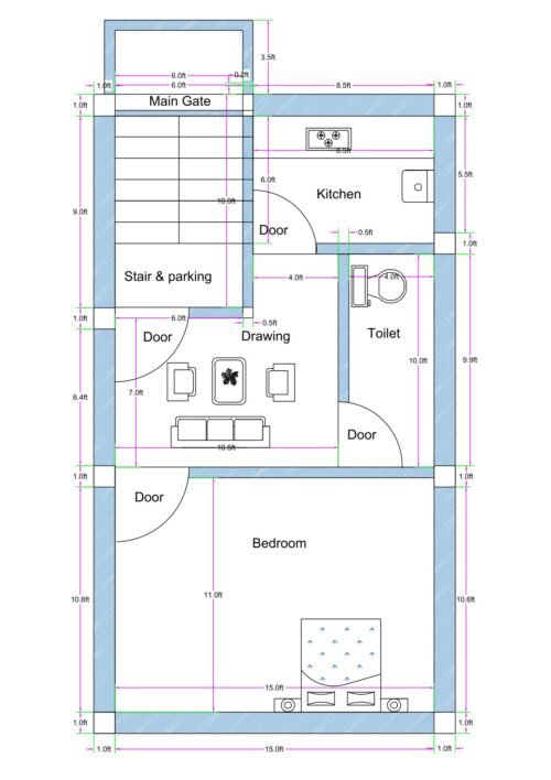 17x30 feet 1BHK house plan with front balcony, integrated staircase and parking, detailed column layout, beam spans, and fully dimensioned structural grid.