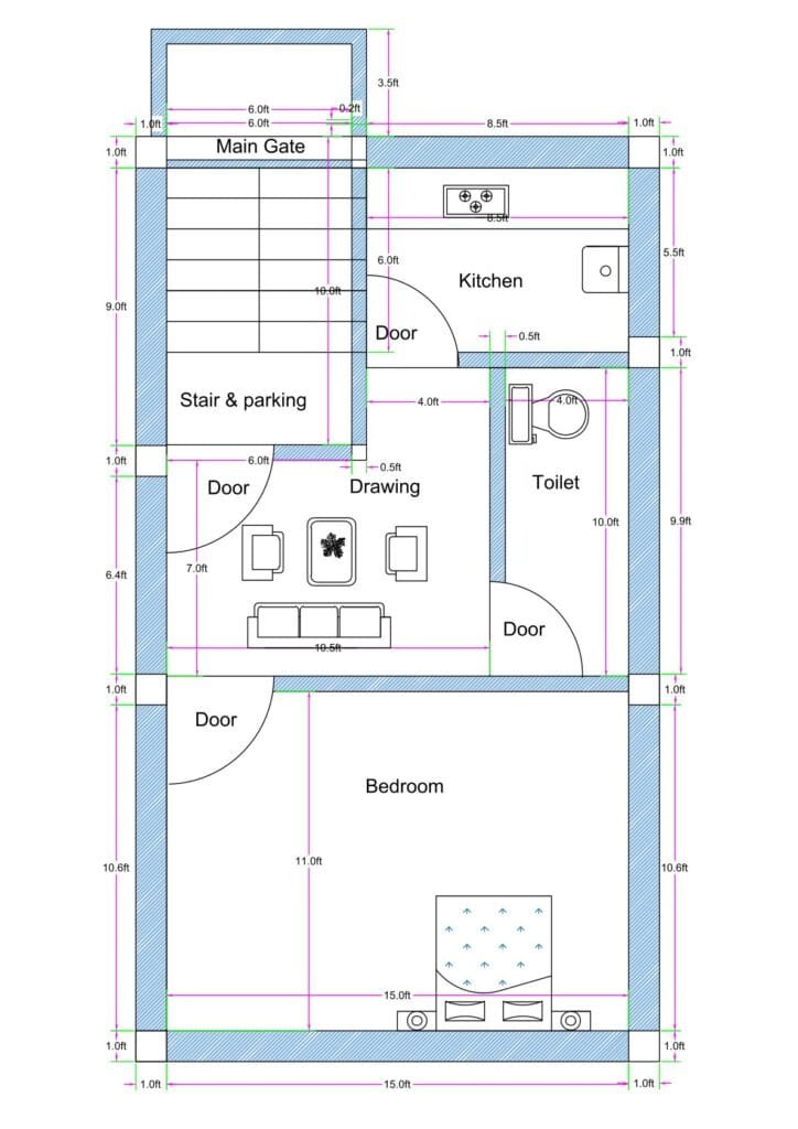 Plan Layout Dimensions 17x30 Feet 1BHK House Plan with Balcony | Complete Structural Beam ...