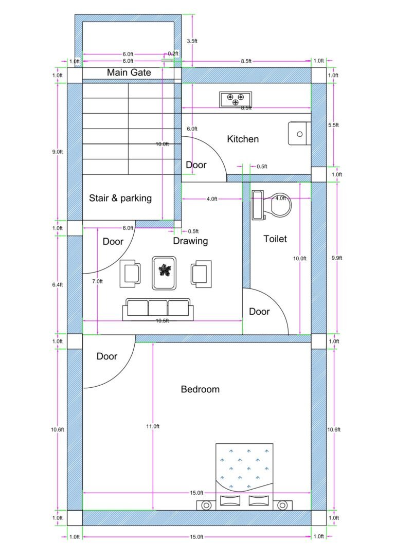 17x30 feet 1BHK house plan with front balcony, integrated staircase and parking, detailed column layout, beam spans, and fully dimensioned structural grid.