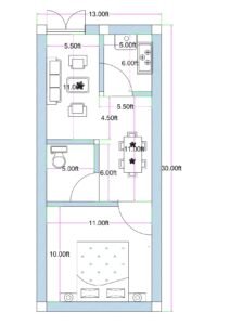 13x30 feet rooftop 1BHK house plan without staircase, featuring living area, dining space, compact kitchen, one bedroom, and common toilet layout.