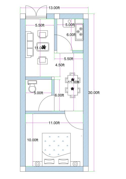 13x30 feet rooftop 1BHK house plan without staircase, featuring living area, dining space, compact kitchen, one bedroom, and common toilet layout.