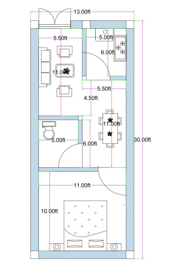 13x30 feet rooftop 1BHK house plan without staircase, featuring living area, dining space, compact kitchen, one bedroom, and common toilet layout.