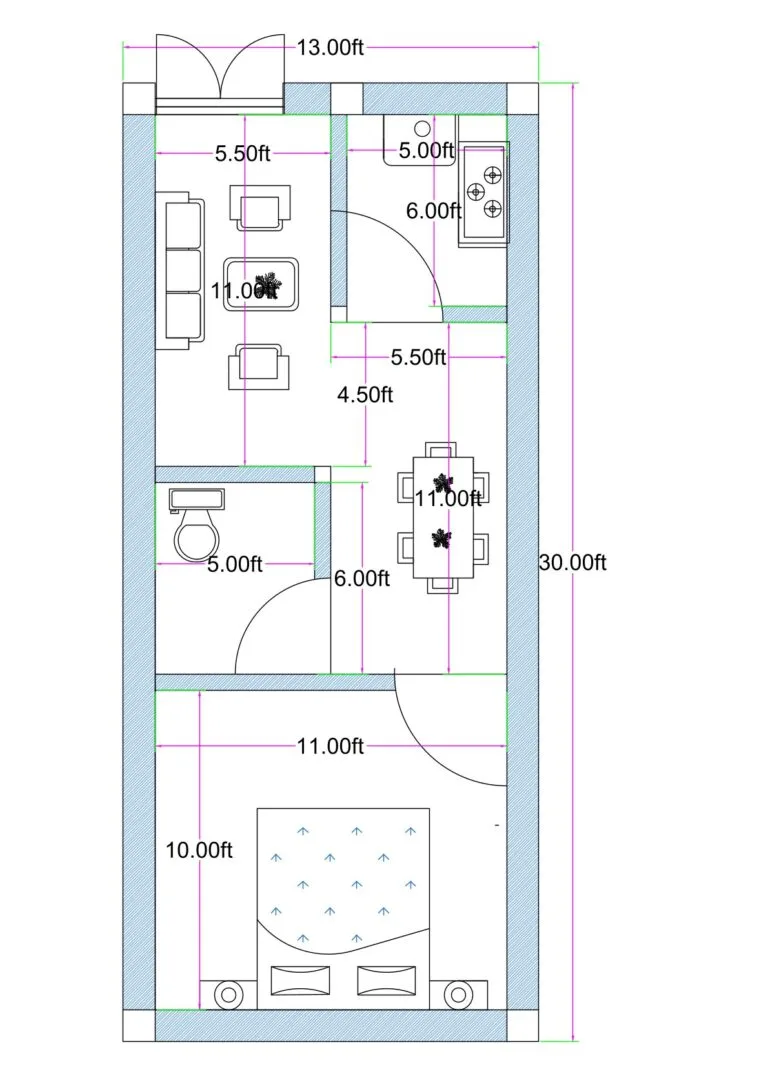 13x30 feet rooftop 1BHK house plan without staircase, featuring living area, dining space, compact kitchen, one bedroom, and common toilet layout.