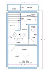 Detailed 2D floor plan of a 17×30 feet house (actual size 17×33.5 ft) showing two bedrooms, one master bedroom, a well-designed kitchen, puja room, wide drawing and dining area, toilet, stair lobby and accurate dimensions for every room. The layout is perfectly designed for a narrow plot with proper ventilation, circulation and structural alignment.