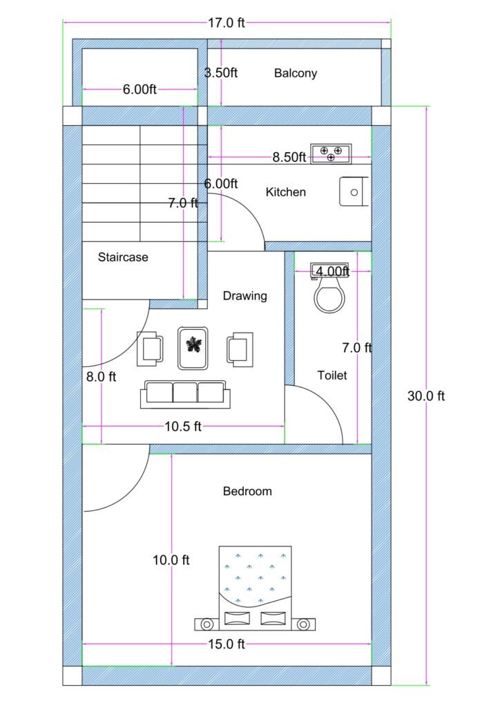 Detailed 2D floor plan of a 17×30 feet house (actual size 17×33.5 ft) showing two bedrooms, one master bedroom, a well-designed kitchen, puja room, wide drawing and dining area, toilet, stair lobby and accurate dimensions for every room. The layout is perfectly designed for a narrow plot with proper ventilation, circulation and structural alignment.